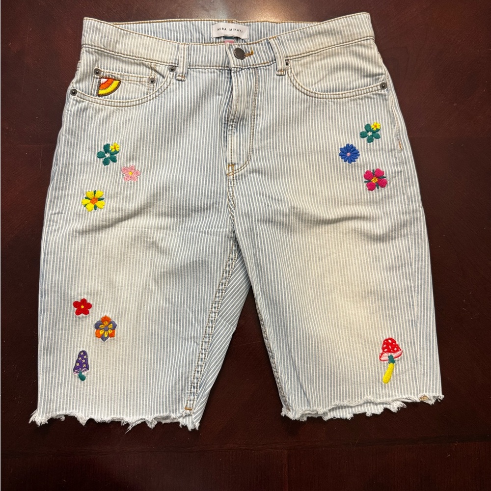 Mira Mikati Striped Jean Shorts with Colorful Embroidery